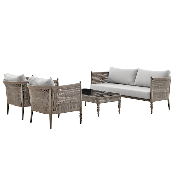 Armen Living Safari 4 Piece Outdoor Aluminum and Rope Seating Set with Gray Cushions SETODSABR - main